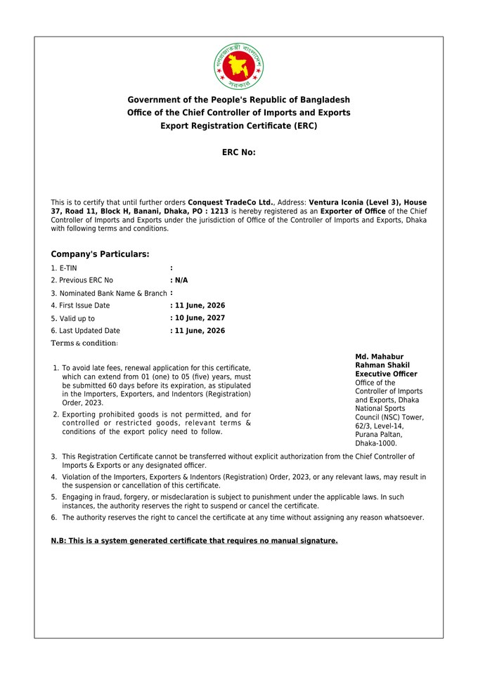 Export Registration Certificate (ERC) — Conquest TradeCo Ltd.
