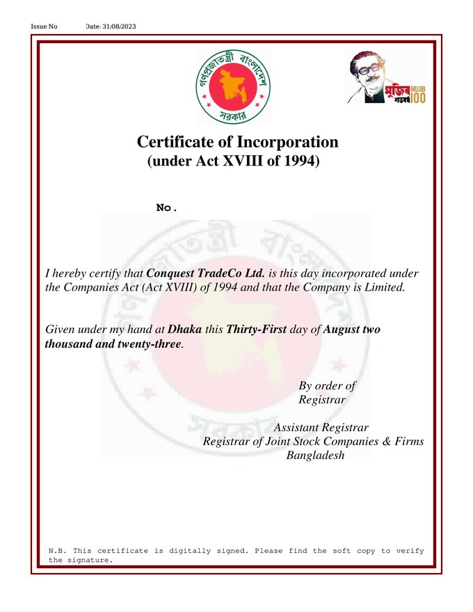 Certificate of Incorporation — Conquest TradeCo Ltd.